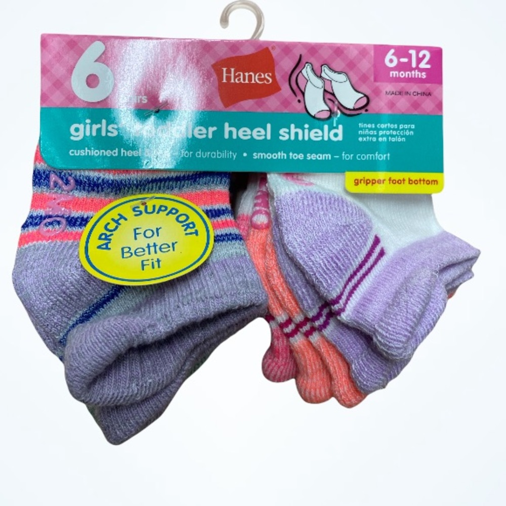 Hanes Girls Toddler Heel Shield Arch Support 6-Pairs Socks 6-12 Months NEW
